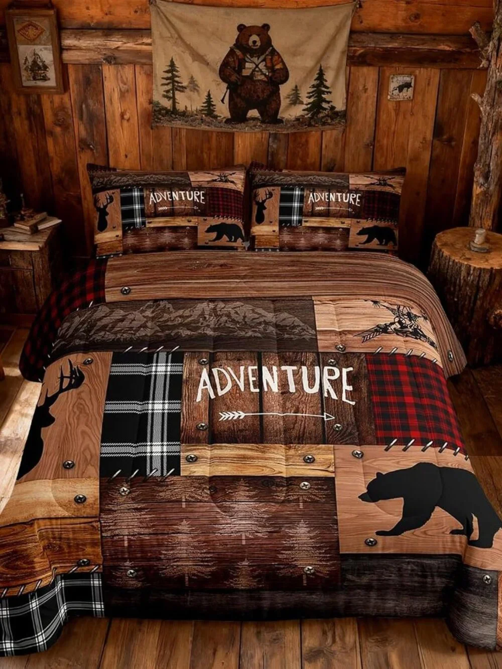 Rustic Cabin Comforter Set Twin Size,Farmhouse Bedding Set Kids Boys Girls Brown